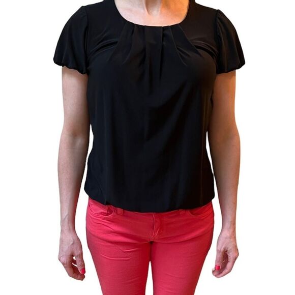 WHBM Black Crew Neck Pleated Blouse - Picture 5 of 12
